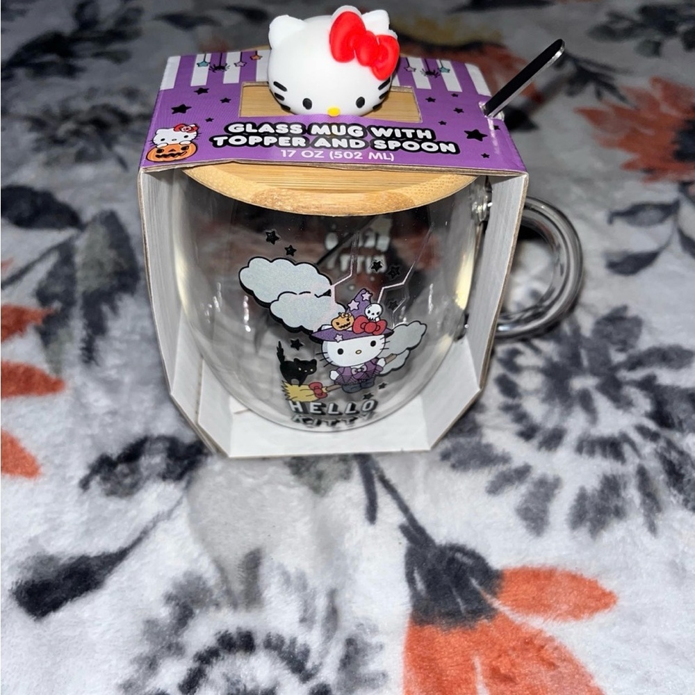 Hello Kitty Halloween Clear Glass Mug with Red Bow Topper